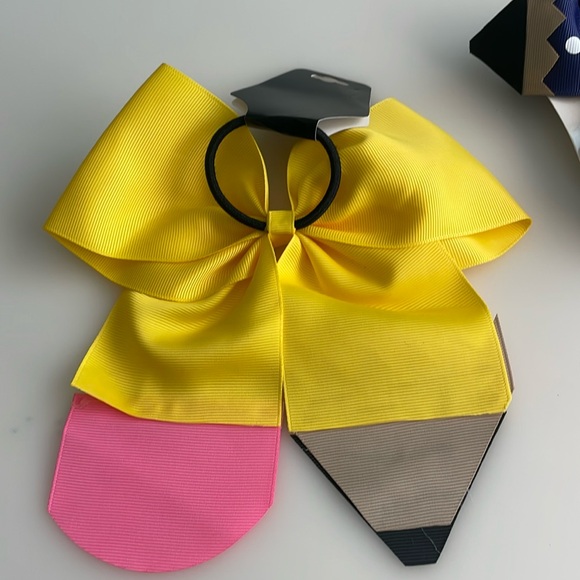 Back to School Pencil Girl Hair Bow Clip and Ponytail Set of 2 - Picture 3 of 5